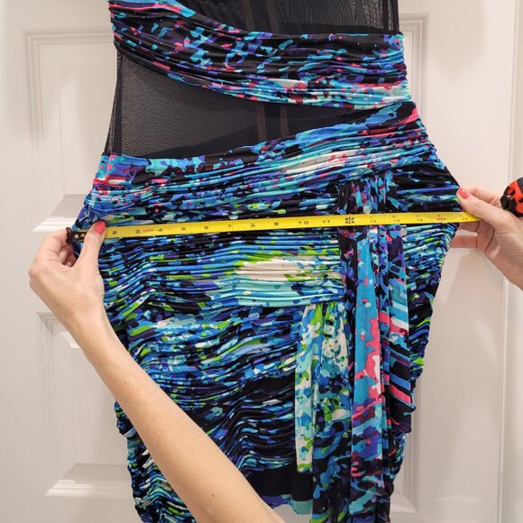 BCBG MAXAZRIA Runway Dress. Mesh Cutouts. Blue Abstract Bodycon. Size S. - Picture 9 of 16